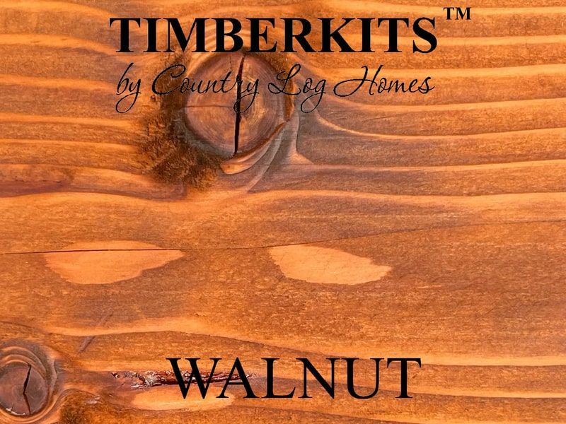 Sample of wood Walnut stain with logo Timberkits by Country Log Homes